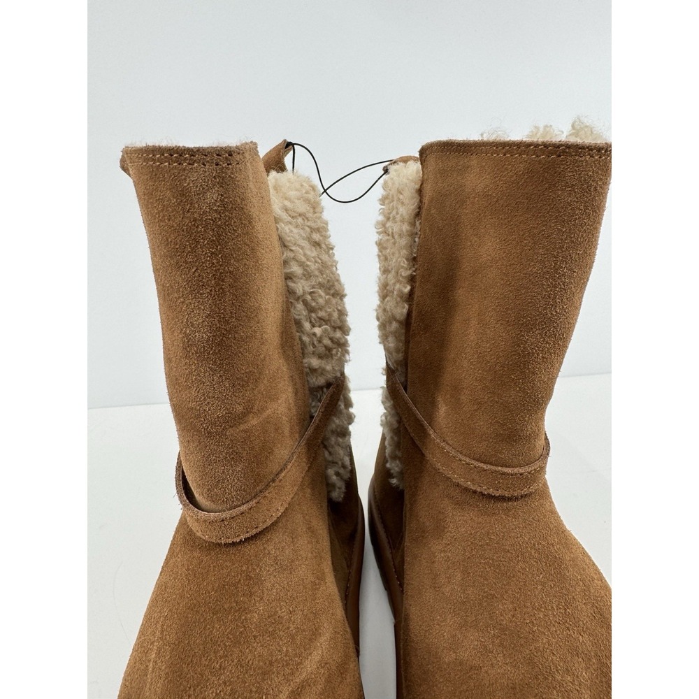 ZARA NWT Cozy Shearling Lined Suede Ankle Boots Chestnut Brown Moto Buckle Sz 9 - Picture 4 of 15